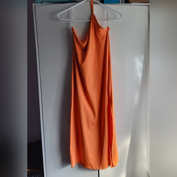 Tangerine one shoulder bodycon split midi dress - Picture 3 of 5